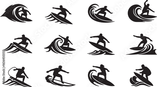 set of black silhouettes of people surfing on the beach Surfing Silhouette Vector Illustrations on Crashing Waves

