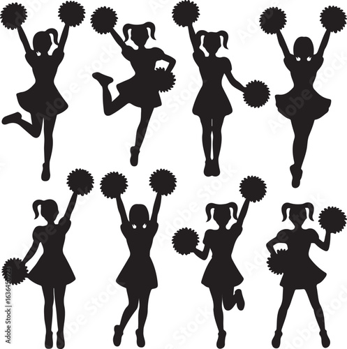 Collection of cheerleader silhouettes with pom poms in static and jumping poses cheerleading pompons