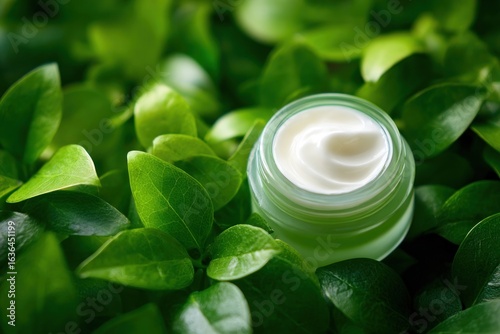 Cream jar with natural cosmetic product on green leaves background, skincare