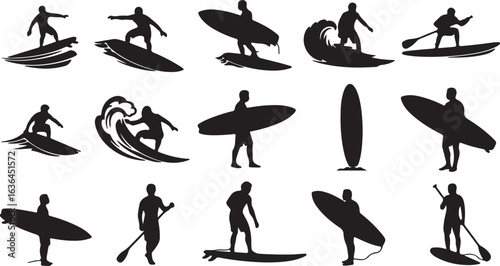 Surfing Silhouette Vector Illustrations on Crashing Waves

