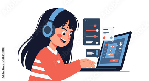 Happy student in headset attending an online webinar or course on her computer. Vector illustration for digital education and e-learning.