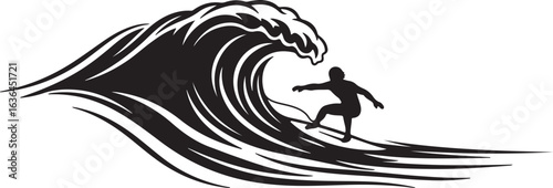 Surfing Silhouette Vector Illustrations on Crashing Waves

