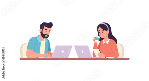 Young man and woman colleagues working together on laptops at a desk. Modern business team collaboration or coworking concept.