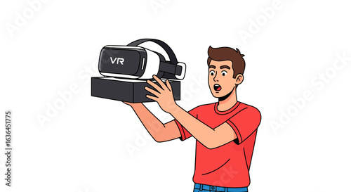 A young man with a surprised and amazed expression holds a new virtual reality headset and its box. Concept of new technology and entertainment.