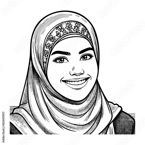 Detailed Black and White Engraving of	woman wear hijab in Detailed Engraving Style Black and White Hand Drawn Sketch