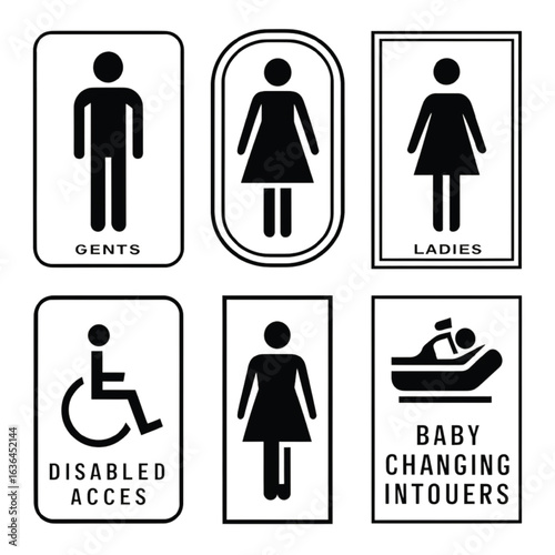 Modern restroom signs for men women disabled and baby changing facilities