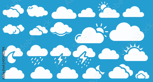 This vector showcases a collection of white cloud icons depicting various weather conditions like sun, rain, thunder and moon, set against a bright blue background in a minimalist style