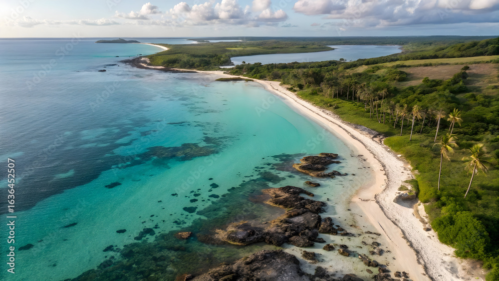 Obraz premium Aerial view of a tropical coastline with clear turquoise water and lush green vegetation full hd 4k stock image download