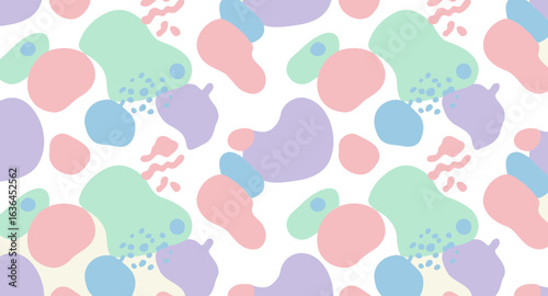 Pastel watercolor shapes gracefully mingle on a crisp white backdrop, displaying soothing hues of lavender, rose, blue, and mint green in an organic, flowing composition