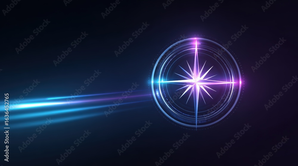 Obraz premium A vibrant, digital compass design with light trails, symbolizing direction and navigation in a dark background.