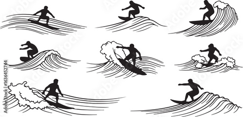 Surfing Silhouette Vector Illustrations on Crashing Waves

Set of Black and White Surfer and Ocean Wave Graphics