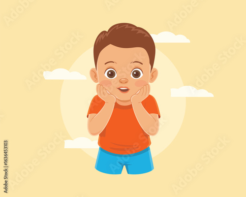 A flat vector illustration of a surprised young boy with an adorable expression of awe