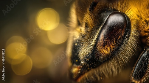 Honeybee extreme close-up with detailed eye, hair and water droplets on body