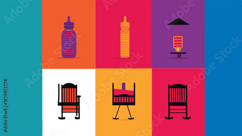 Colorful flat design baby items illustrations