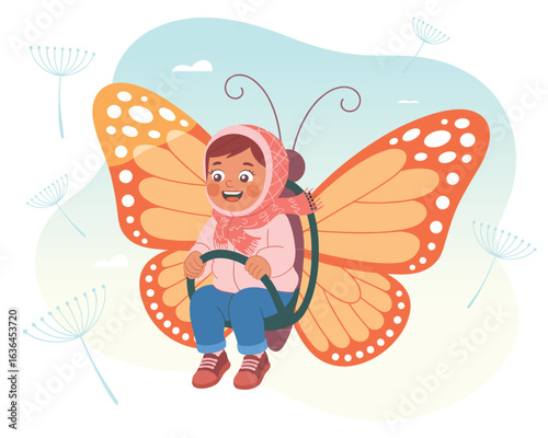 A flat vector illustration of a cheerful girl soaring through the air on fantasy butterfly wings