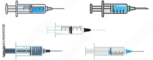 Assorted Medical Syringes with Needles Ready for Injection on White Background with Various Designs