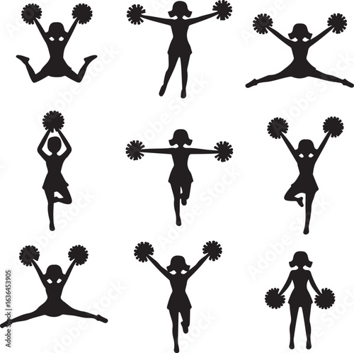 Nine black silhouettes of cheerleaders in various dynamic poses with pom poms cheerleading action