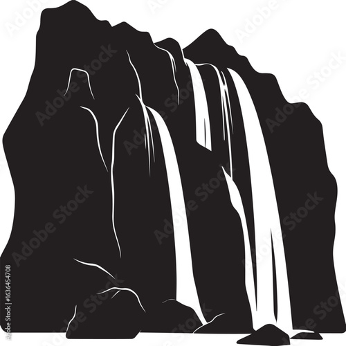 Waterfall Silhouette in Black | Nature Landscape Illustration