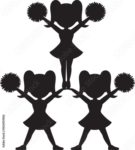 Three stylized cheerleaders in silhouette creating a human pyramid holding pom poms cheerleading cartoon