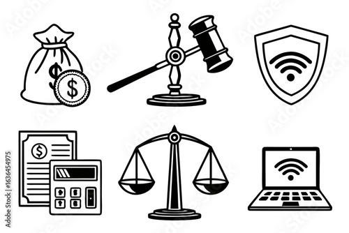 Law and finance icons isolated on white background