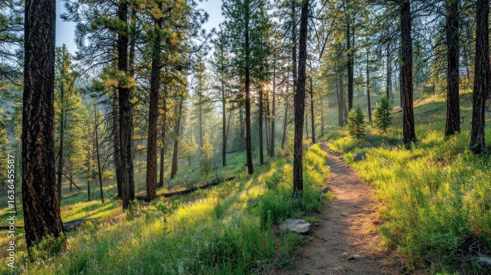 Obraz premium Sunlit forest trail through tall pines