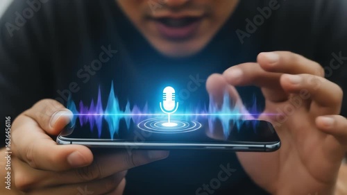Person using voice recognition technology on smartphone, sound waves visualized, indoors, modern setting