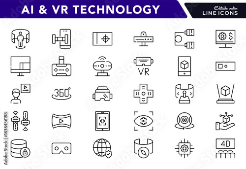 AI and VR technology linear icon set. Artificial intelligence, virtual reality, robot, headset, brain chip, machine learning, smart device, automation, innovation vector icon set. UI thin line pack.