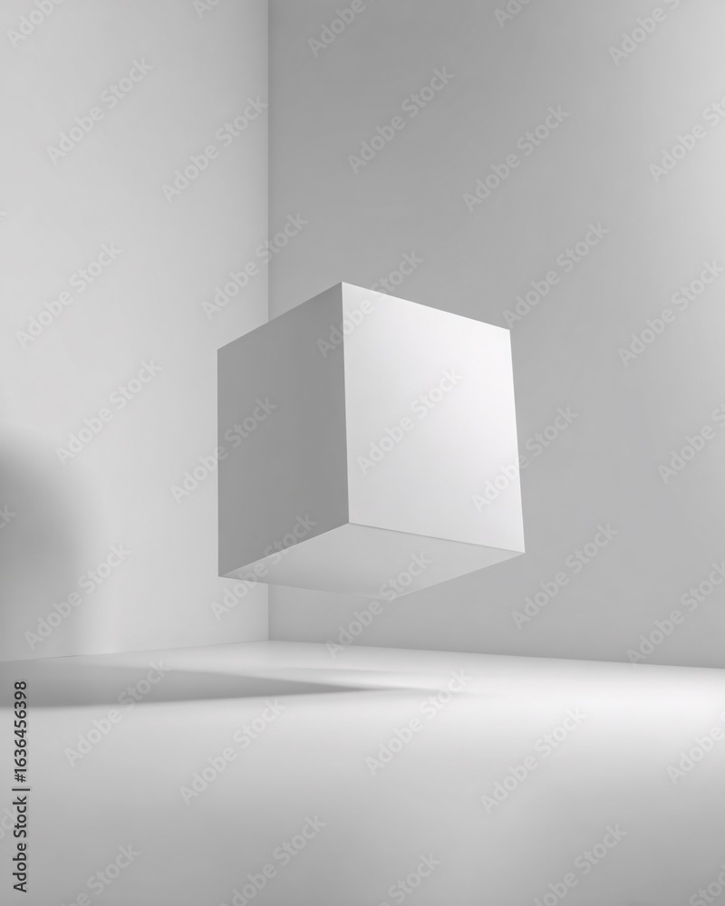 Fototapeta premium Floating blank white packaging box in clean light environment with soft gentle shadows. minimalist premium mockup