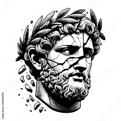 Hand drawn of ancient head sculpture broken	with Classic Lines