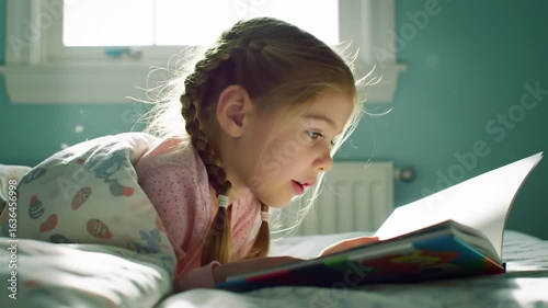 Little girl reading a book in bed