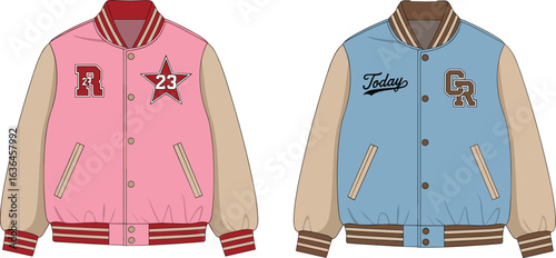 Pink varsity jacket and blue varsity jacket, fashionable outerwear, stylish casual coats, trendy college wear, unisex sportswear, modern street fashion