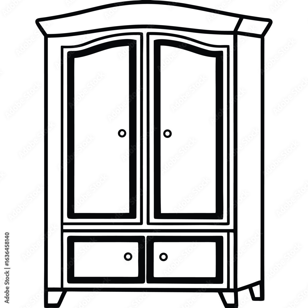 Illustration of a classic wardrobe with two doors and two drawers isolated on white background in a simple black and white outline style Illustration of a classic wardrobe with two doors and two drawers isolated on white background in a simple black and white outline style