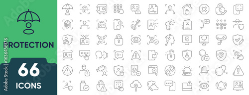 Protection and security icon set. Linear outline collection representing safety, privacy, shield, defense, and secure access concepts. Editable stroke.