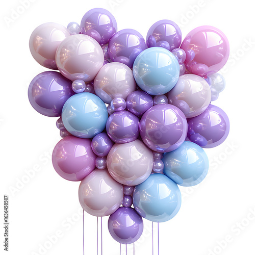 A realistic studio photo of An organic balloon wall filled with delicate lavender and pastel-colored latex balloons for a birthday theme - isolated on a white background