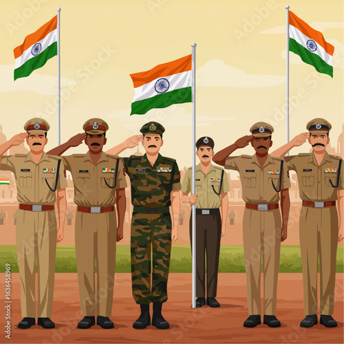 Indian Police and Soldiers Saluting During Flag Ceremony – Vector