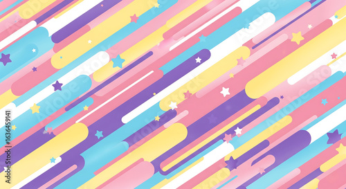 A playful and colorful abstract background with diagonal stripes, rounded shapes, and small stars in pastel colors