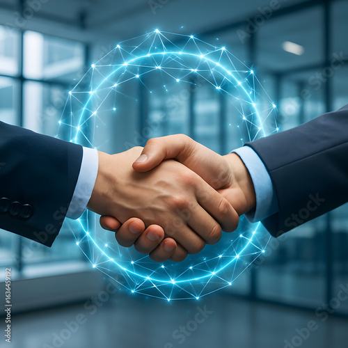 Successful business partnership agreement sealed with a handshake. A glowing blue digital network symbolizes technology and innovation.