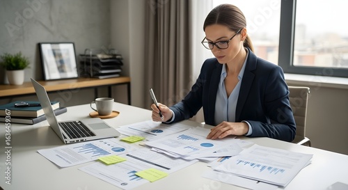 Professional businesswoman analyzing financial reports at her desk. Ideal for illustrating finance, business strategy, and data analysis concepts. Revenue Cycle Management in Healthcare.