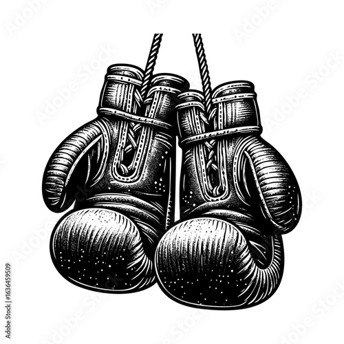 Detailed Engraving Style Illustration of pair of boxing gloves hanging	Illustration