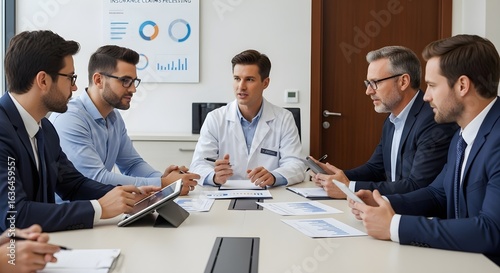 Healthcare professionals in a meeting discussing data and Revenue Cycle Management. Teamwork and expertise for medical business solutions. Modern office setting.
