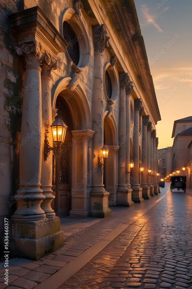 Fototapeta premium Romantic European Street at Sunset Elegant Architecture and Glowing Lanterns Create a Timeless Scene