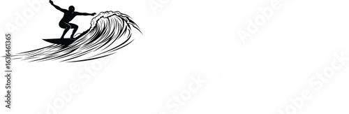 Surfing Silhouette Vector Illustrations on Crashing Waves Set of Black and White Surfer and Ocean Wave Graphics
