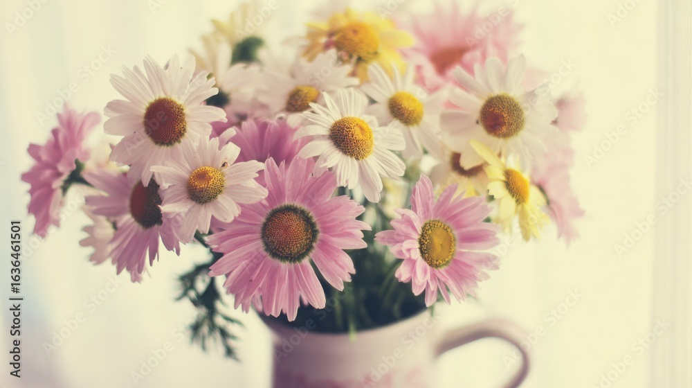 Obraz premium Fresh daisy bouquet in a ceramic vase bathed in morning light, with a soft pastel palette and bokeh background.