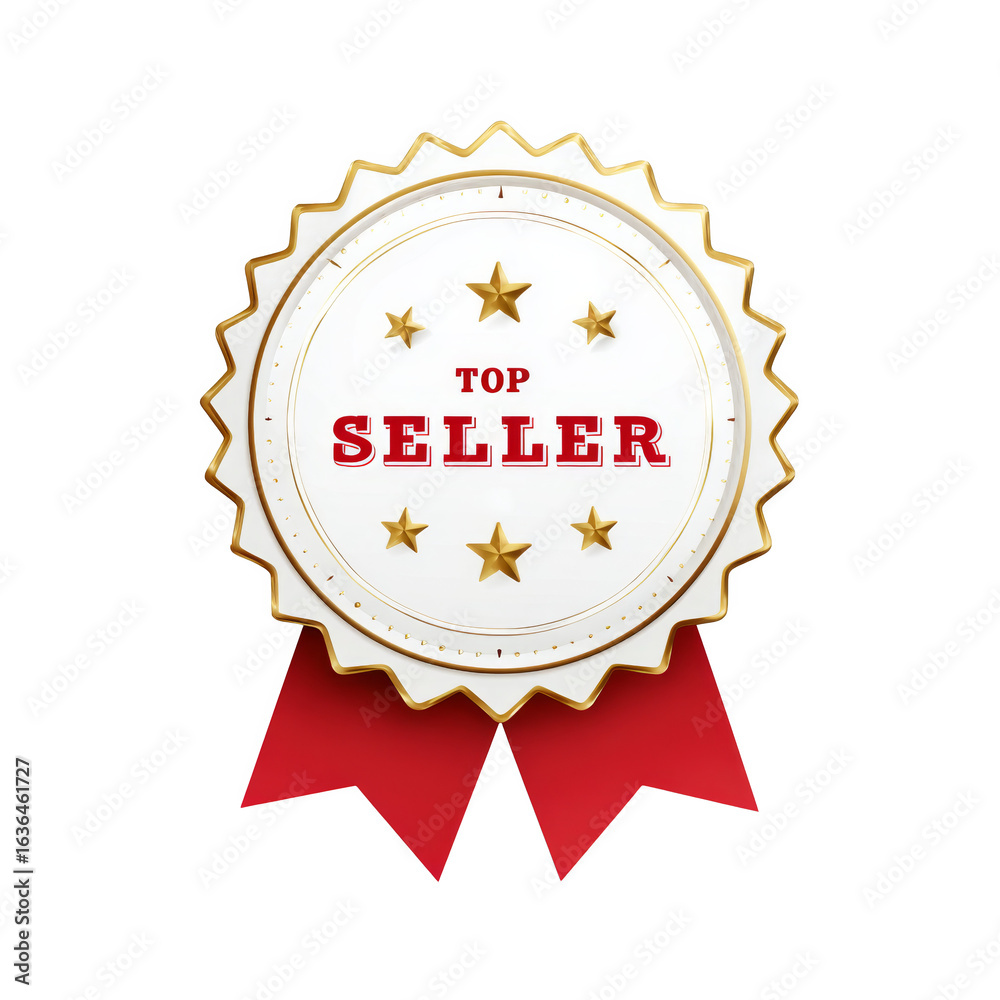 Gold Star Badge for Top Seller with Red Ribbon and Stars for Recognition and Achievement Gold Star Badge for Top Seller with Red Ribbon and Stars for Recognition and Achievement