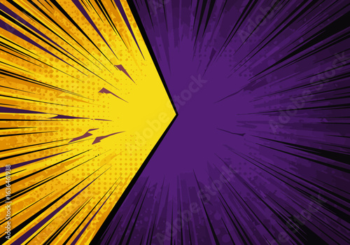 Divided panel yellow burst with black lines on the left purple burst with black lines on the right
