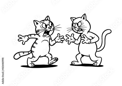 Two cartoon cats face off appearing angry with raised paws exaggerated expressions set against a white background