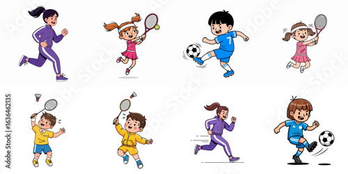 Cartoon Handdrawn Diverse Group of Children Engaging in Various Sporting Activities Illustration