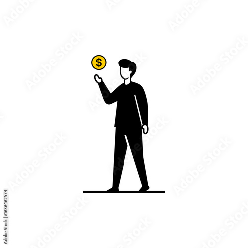 A stylized illustration of a man tossing a gold coin with a dollar sign in the air.