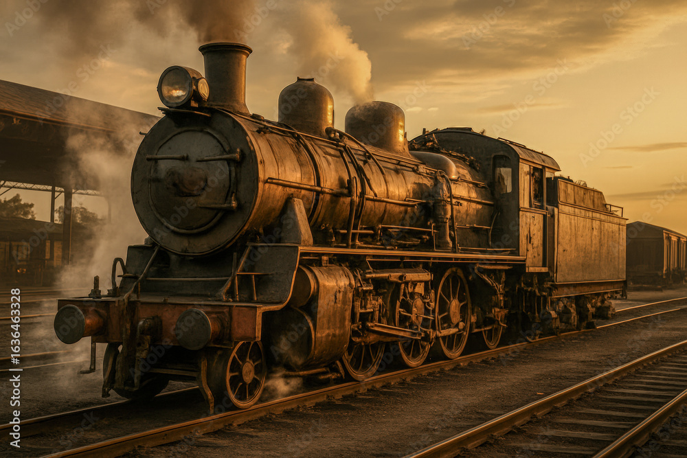 Fototapeta premium Steam locomotive glowing in the golden light of sunset at an old railway station, symbolizing the era of industrial labor, transportation, and the working-class backbone that helped build America