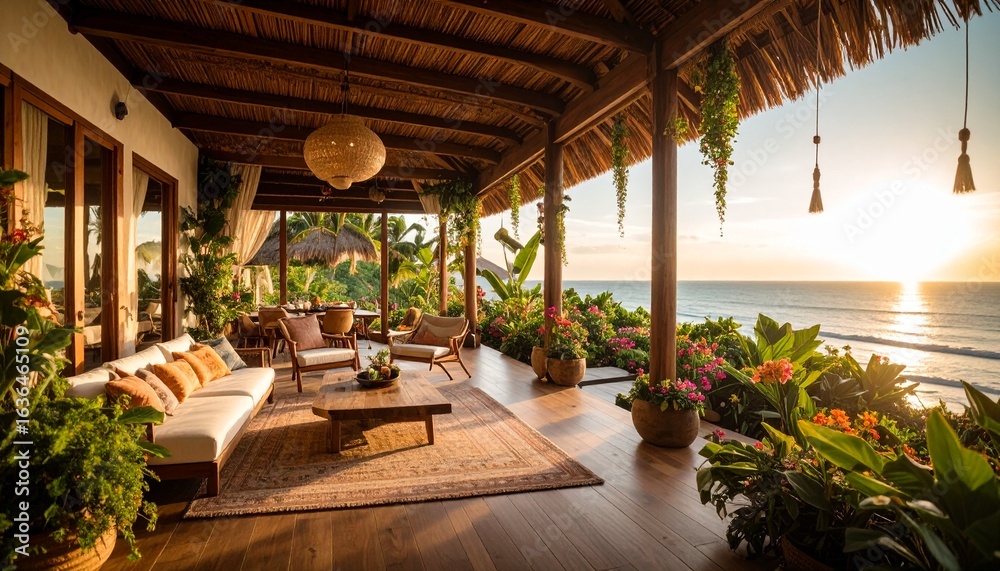 Fototapeta premium Tropical villa veranda overlooking the ocean at sunset with wooden furniture and lush greenery. Ideal for travel, vacation rental, and exotic getaway advertising